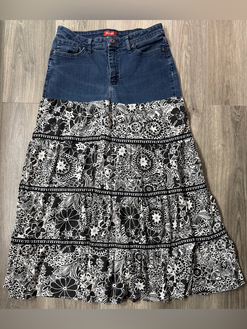 Wrangler Denim Upcycled Boho Maxi Skirt | Tiered Floral | Handmade Refashion